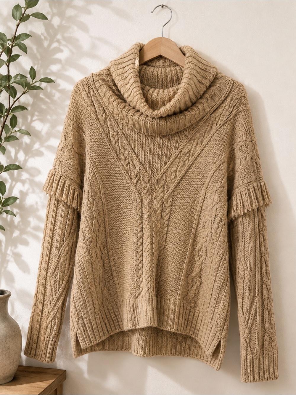 Women's Cable Knit Cowl Neck Sweater - Beige